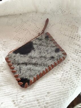 Handmade Cowhide Zip Pouch with Leather Trim - Gray and Brown